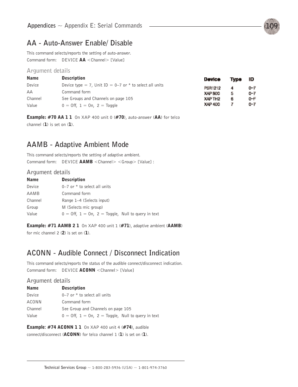 Aa - auto-answer enable/ disable, Aamb - adaptive ambient mode, Aconn - audible connect / disconnect indication | Appendices ~ appendix e: serial commands, Argument details | ClearOne XAP400 User Manual | Page 115 / 173