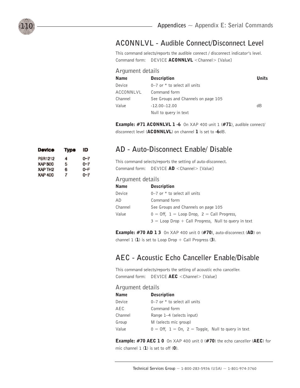 Aconnlvl - audible connect/disconnect level, Ad - auto-disconnect enable/ disable, Aec - acoustic echo canceller enable/disable | Appendices ~ appendix e: serial commands, Argument details | ClearOne XAP400 User Manual | Page 116 / 173