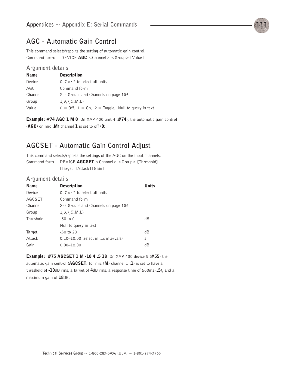 Agc - automatic gain control, Agcset - automatic gain control adjust, Appendices ~ appendix e: serial commands | Argument details | ClearOne XAP400 User Manual | Page 117 / 173