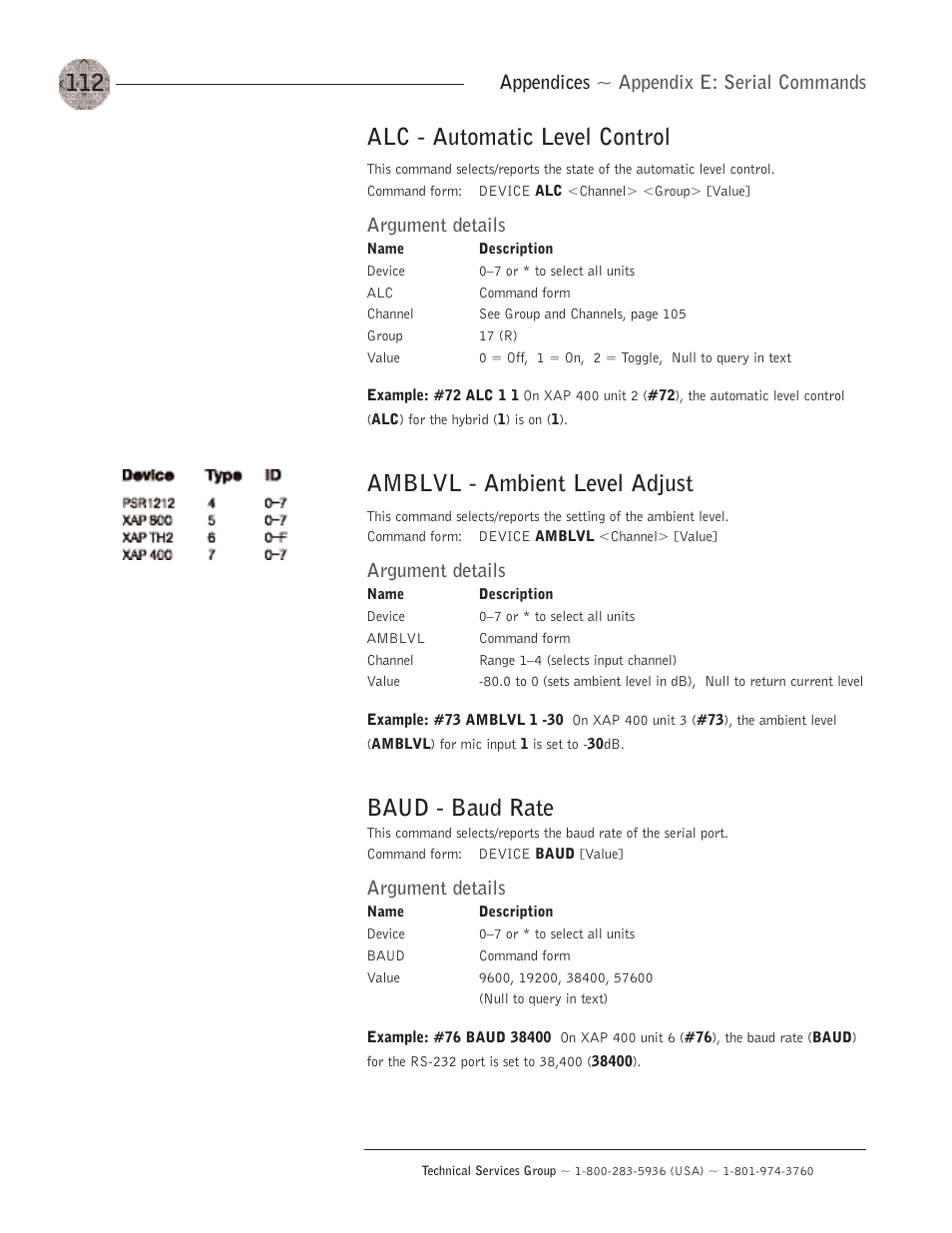 Alc - automatic level control, Amblvl - ambient level adjust, Baud - baud rate | Appendices ~ appendix e: serial commands, Argument details | ClearOne XAP400 User Manual | Page 118 / 173