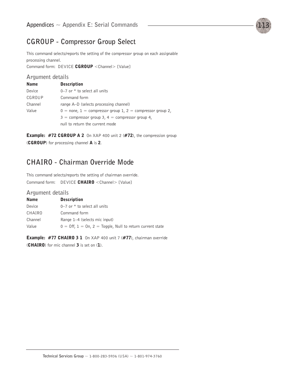 Cgroup - compressor group select, Chairo - chairman override mode, Appendices ~ appendix e: serial commands | Argument details | ClearOne XAP400 User Manual | Page 119 / 173