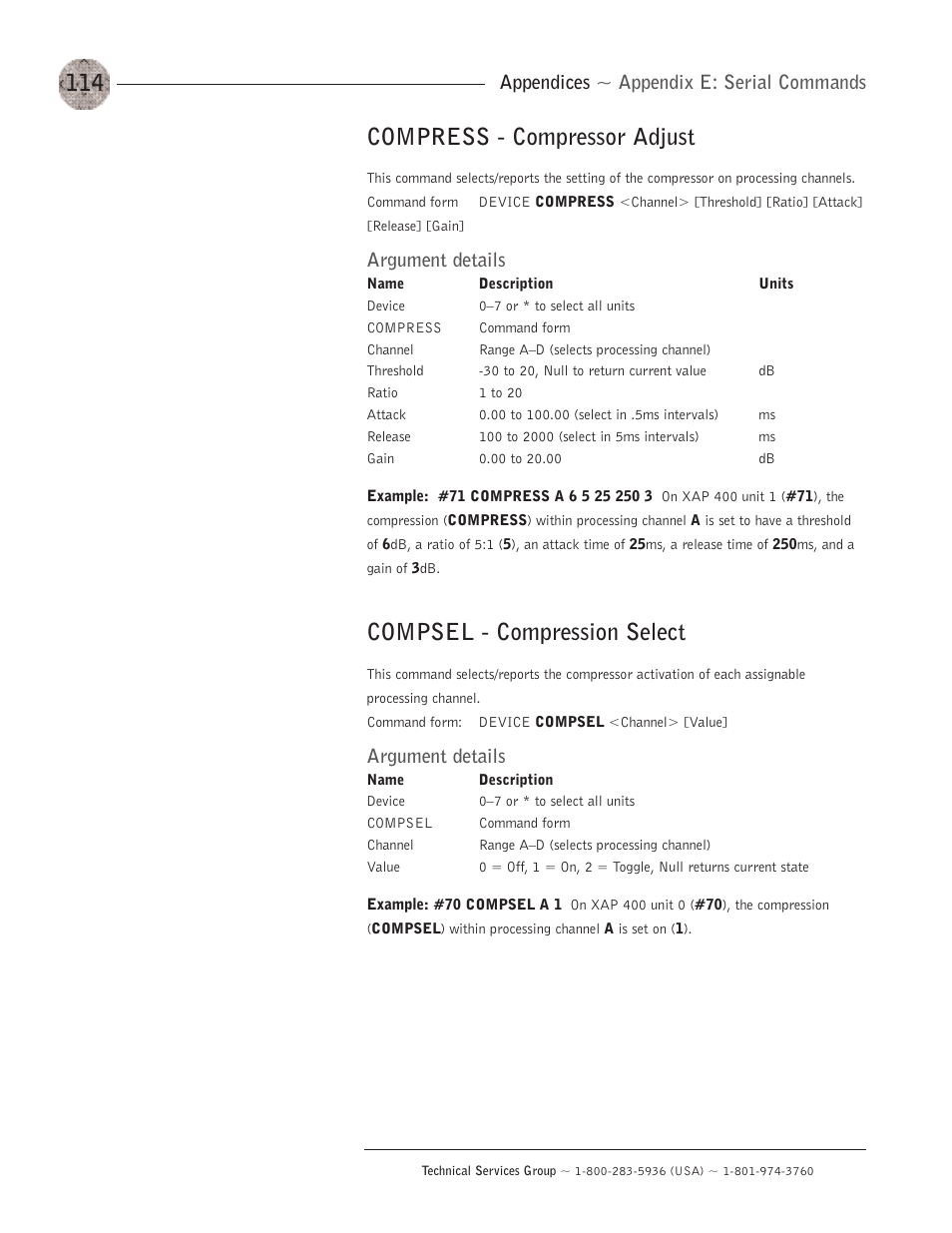 Compress - compressor adjust, Compsel - compression select, Appendices ~ appendix e: serial commands | Argument details | ClearOne XAP400 User Manual | Page 120 / 173