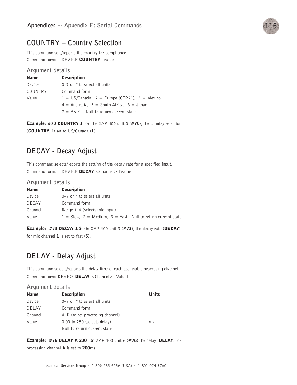 Country — country selection, Decay - decay adjust, Delay - delay adjust | Appendices ~ appendix e: serial commands, Argument details | ClearOne XAP400 User Manual | Page 121 / 173