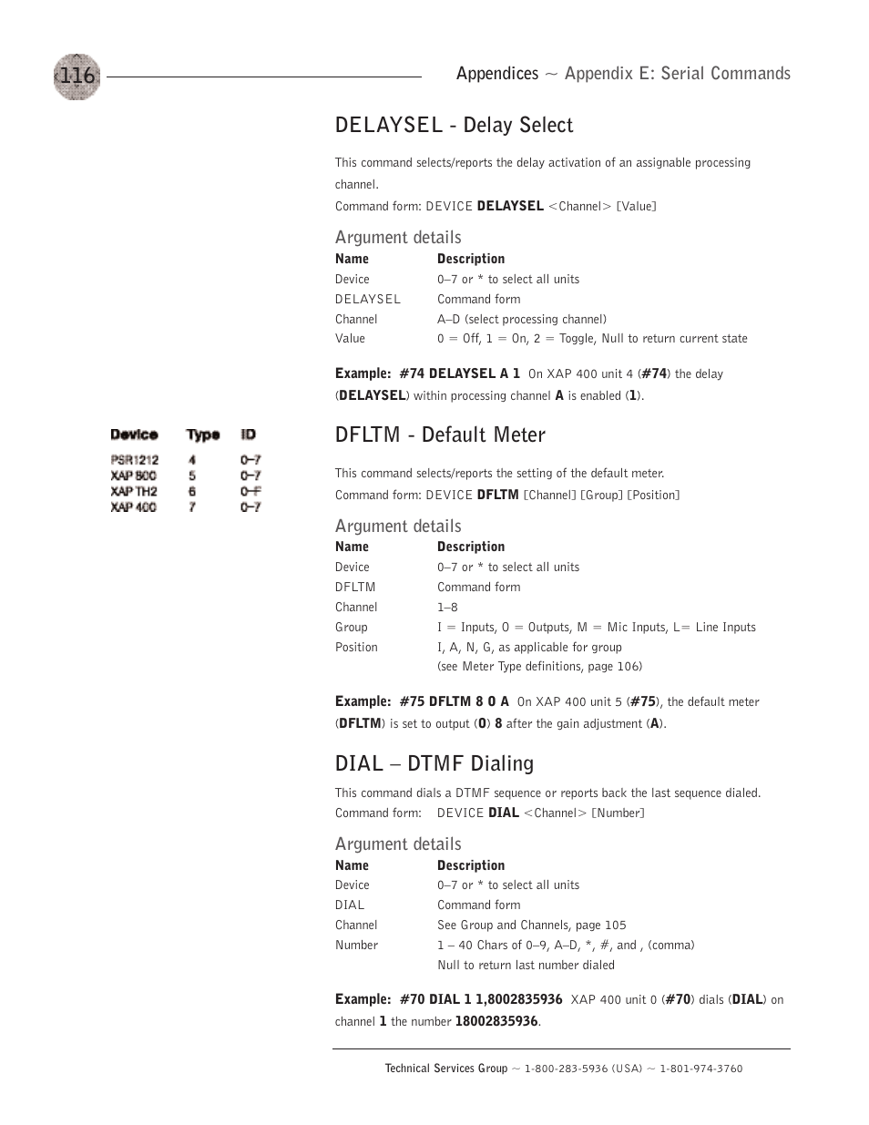 Delaysel - delay select, Dfltm - default meter, Dial — dtmf dialing | Appendices ~ appendix e: serial commands, Argument details | ClearOne XAP400 User Manual | Page 122 / 173