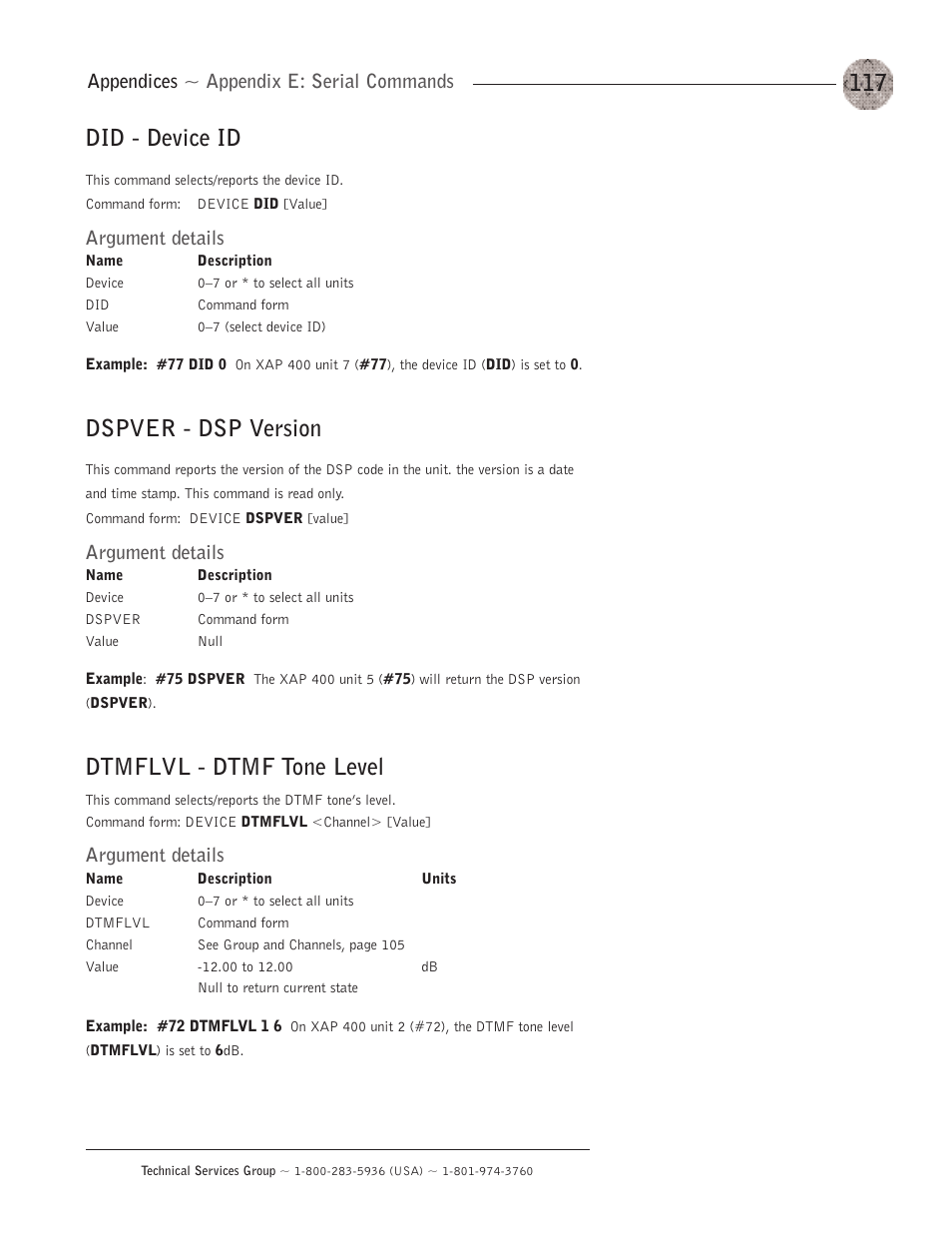 Did - device id, Dspver - dsp version, Dtmflvl - dtmf tone level | Appendices ~ appendix e: serial commands, Argument details | ClearOne XAP400 User Manual | Page 123 / 173