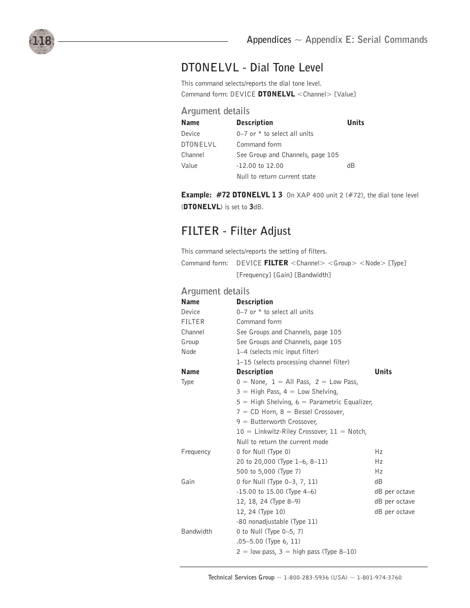 Dtonelvl - dial tone level, Filter - filter adjust, Appendices ~ appendix e: serial commands | Argument details | ClearOne XAP400 User Manual | Page 124 / 173