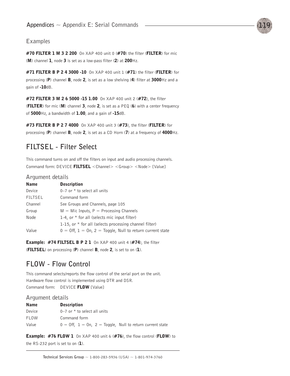 Filtsel - filter select, Flow - flow control, Appendices ~ appendix e: serial commands examples | Argument details | ClearOne XAP400 User Manual | Page 125 / 173