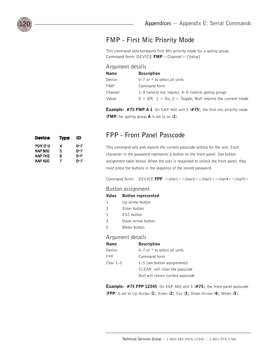 Fmp - first mic priority mode, Fpp - front panel passcode, Appendices ~ appendix e: serial commands | Argument details, Button assignment | ClearOne XAP400 User Manual | Page 126 / 173