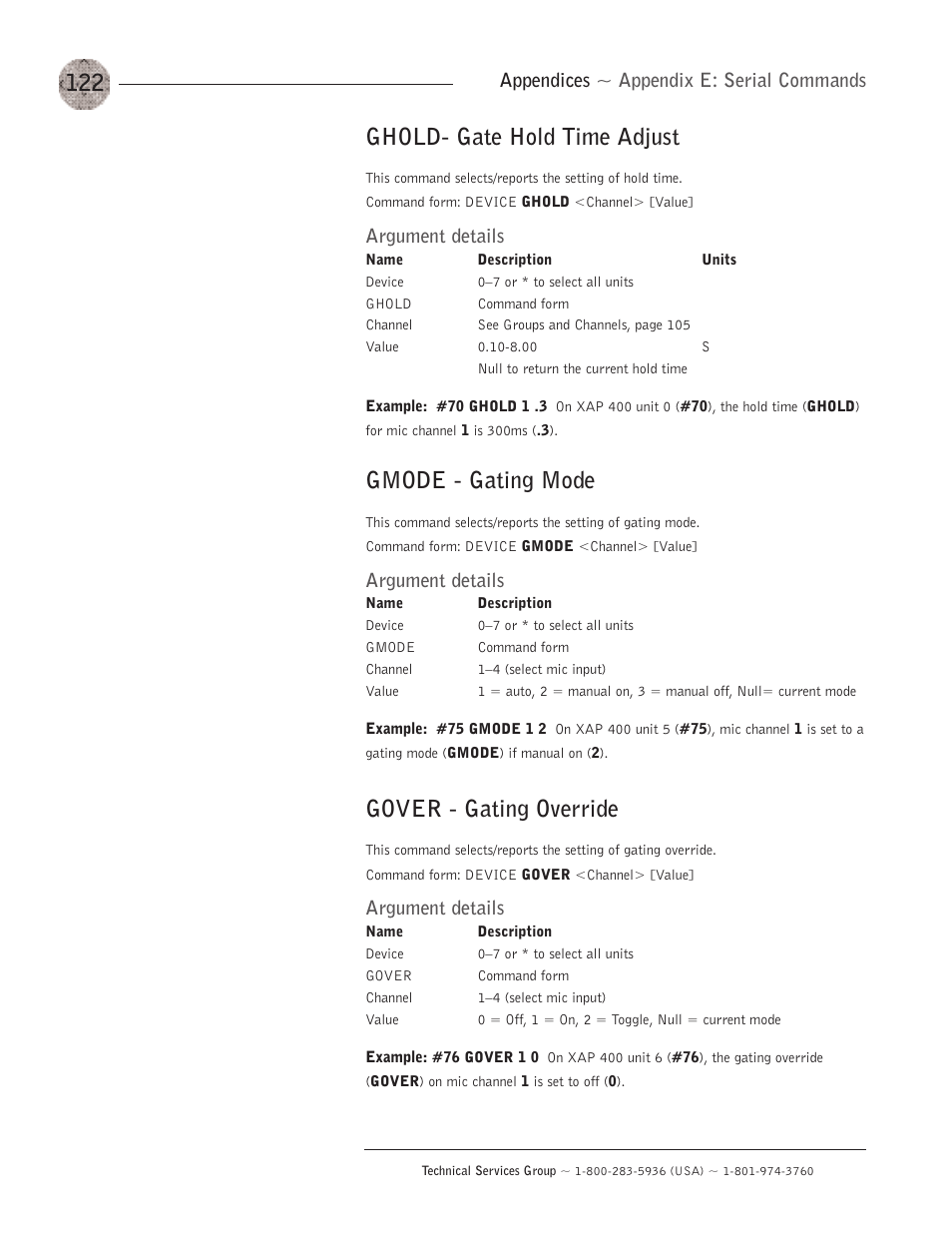 Ghold- gate hold time adjust, Gmode - gating mode, Gover - gating override | Appendices ~ appendix e: serial commands, Argument details | ClearOne XAP400 User Manual | Page 128 / 173