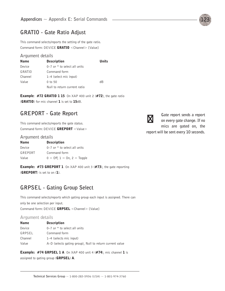 Gratio - gate ratio adjust, Greport - gate report, Grpsel - gating group select | Appendices ~ appendix e: serial commands, Argument details | ClearOne XAP400 User Manual | Page 129 / 173