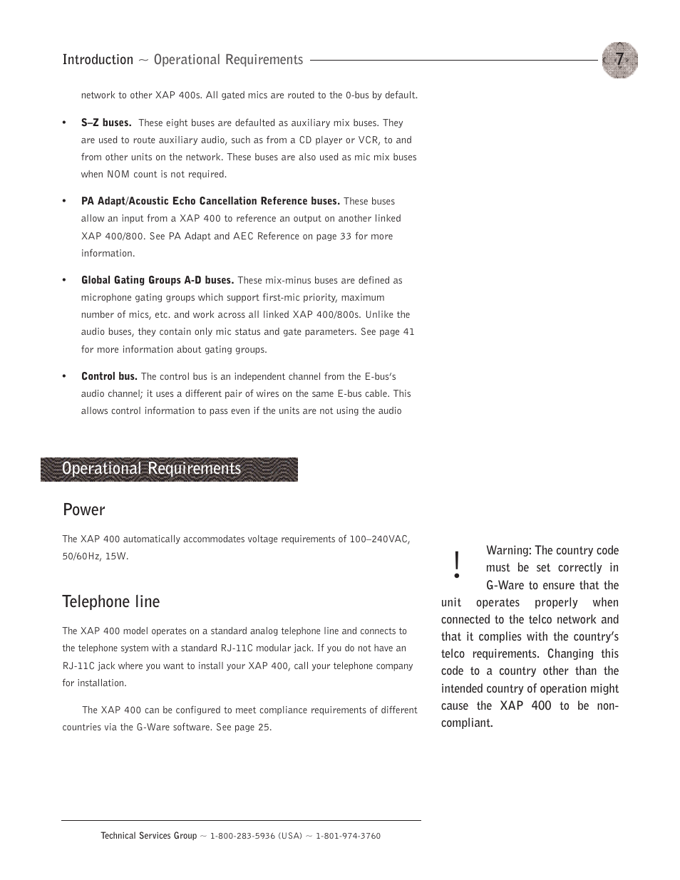 Operational requirements, Power, Telephone line | Power telephone line | ClearOne XAP400 User Manual | Page 13 / 173