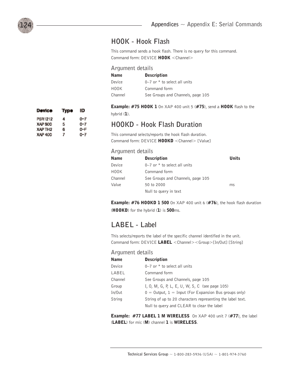 Hook - hook flash, Hookd - hook flash duration, Label - label | Appendices ~ appendix e: serial commands, Argument details | ClearOne XAP400 User Manual | Page 130 / 173