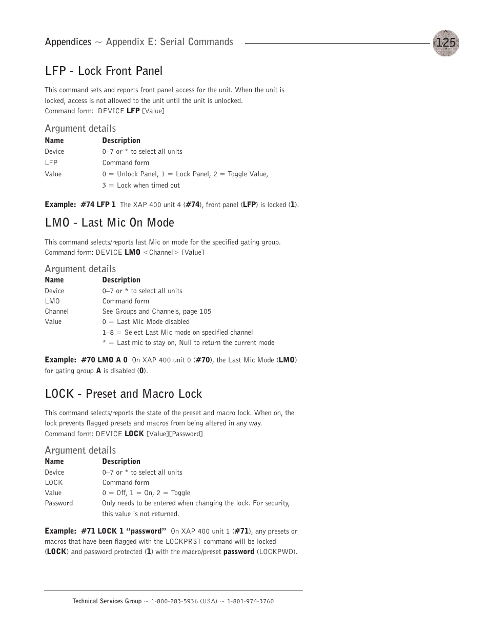 Lfp - lock front panel, Lmo - last mic on mode, Lock - preset and macro lock | Appendices ~ appendix e: serial commands, Argument details | ClearOne XAP400 User Manual | Page 131 / 173