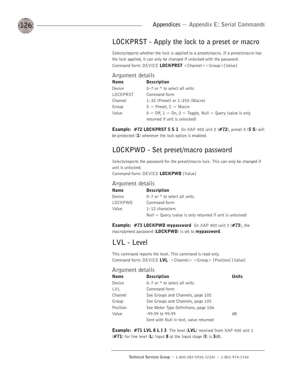 Lockprst - apply the lock to a preset or macro, Lockpwd - set preset/macro password, Lvl - level | Appendices ~ appendix e: serial commands, Argument details | ClearOne XAP400 User Manual | Page 132 / 173