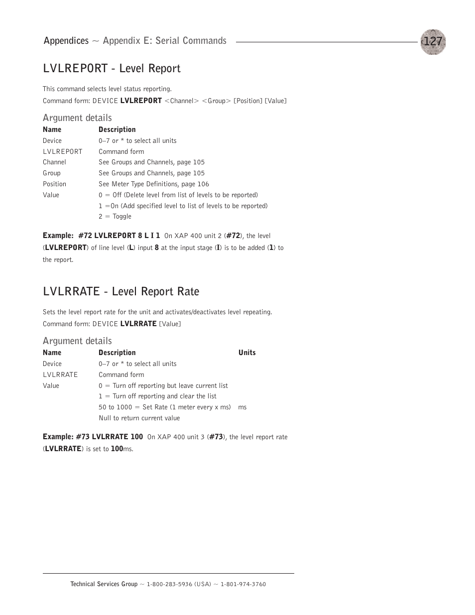 Lvlreport - level report, Lvlrrate - level report rate, Appendices ~ appendix e: serial commands | Argument details | ClearOne XAP400 User Manual | Page 133 / 173