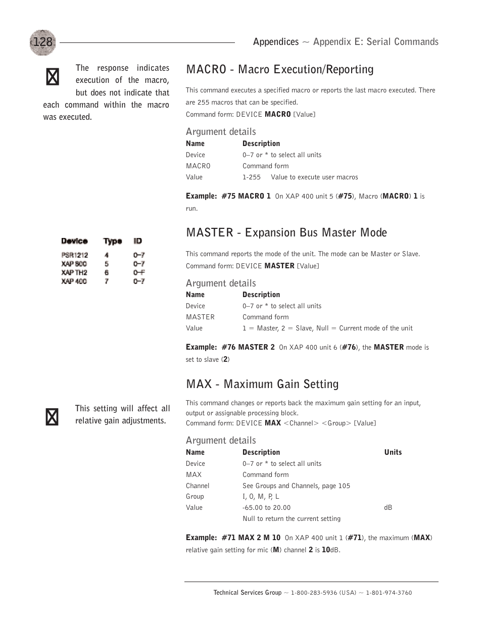 Macro - macro execution/reporting, Master - expansion bus master mode, Max - maximum gain setting | Appendices ~ appendix e: serial commands, Argument details | ClearOne XAP400 User Manual | Page 134 / 173