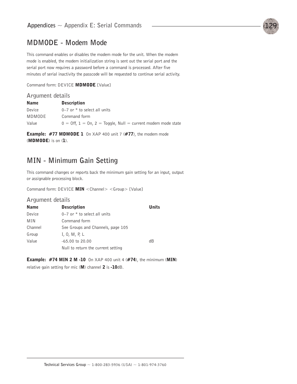 Mdmode - modem mode, Min - minimum gain setting, Appendices ~ appendix e: serial commands | Argument details | ClearOne XAP400 User Manual | Page 135 / 173