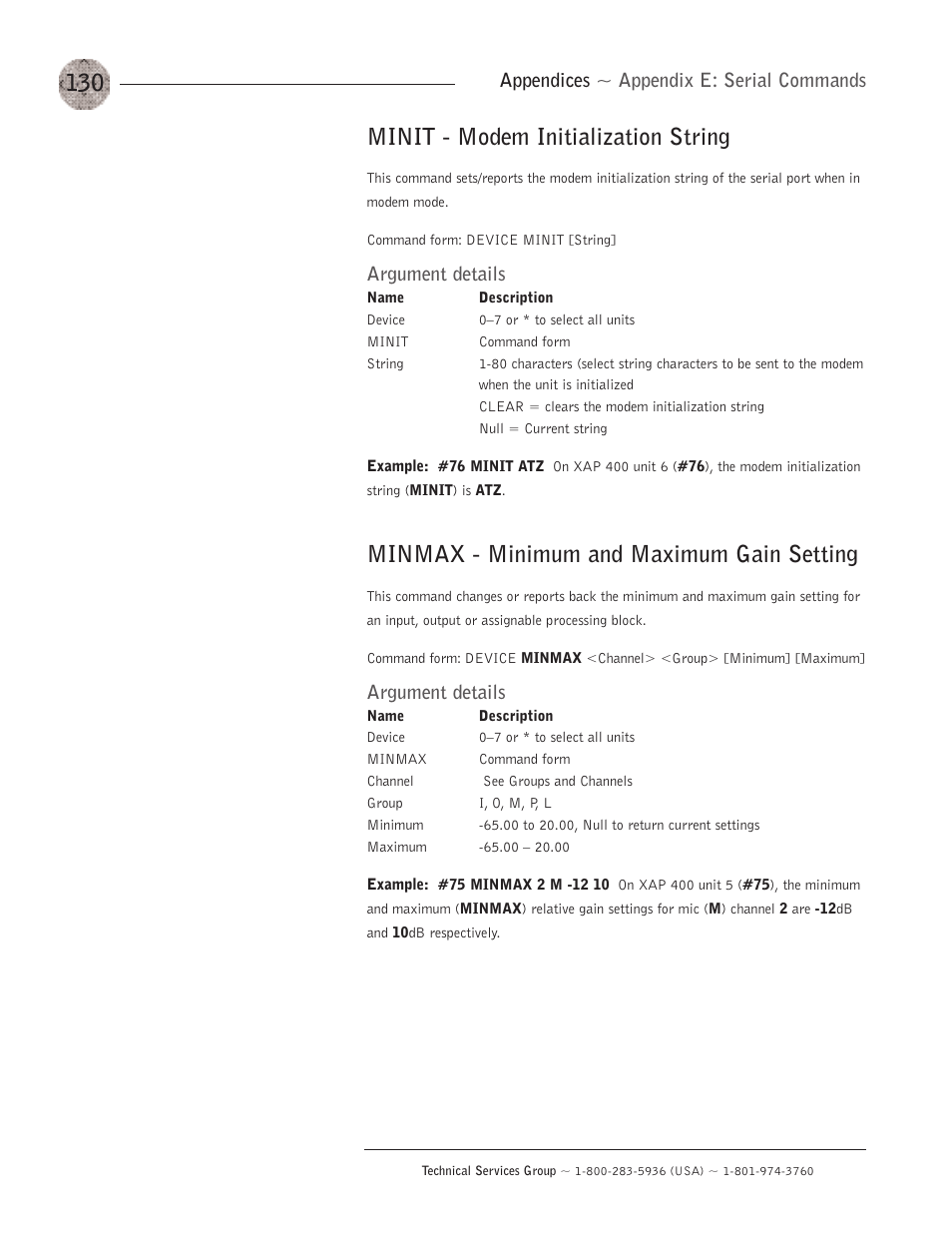 Minit - modem initialization string, Minmax - minimum and maximum gain setting, Appendices ~ appendix e: serial commands | Argument details | ClearOne XAP400 User Manual | Page 136 / 173