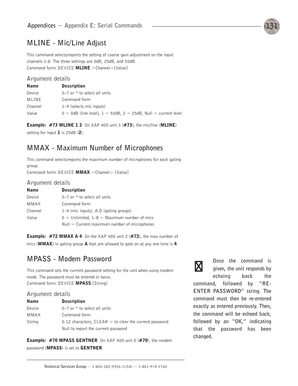 Mline - mic/line adjust, Mmax - maximum number of microphones, Mpass - modem password | Appendices ~ appendix e: serial commands, Argument details | ClearOne XAP400 User Manual | Page 137 / 173