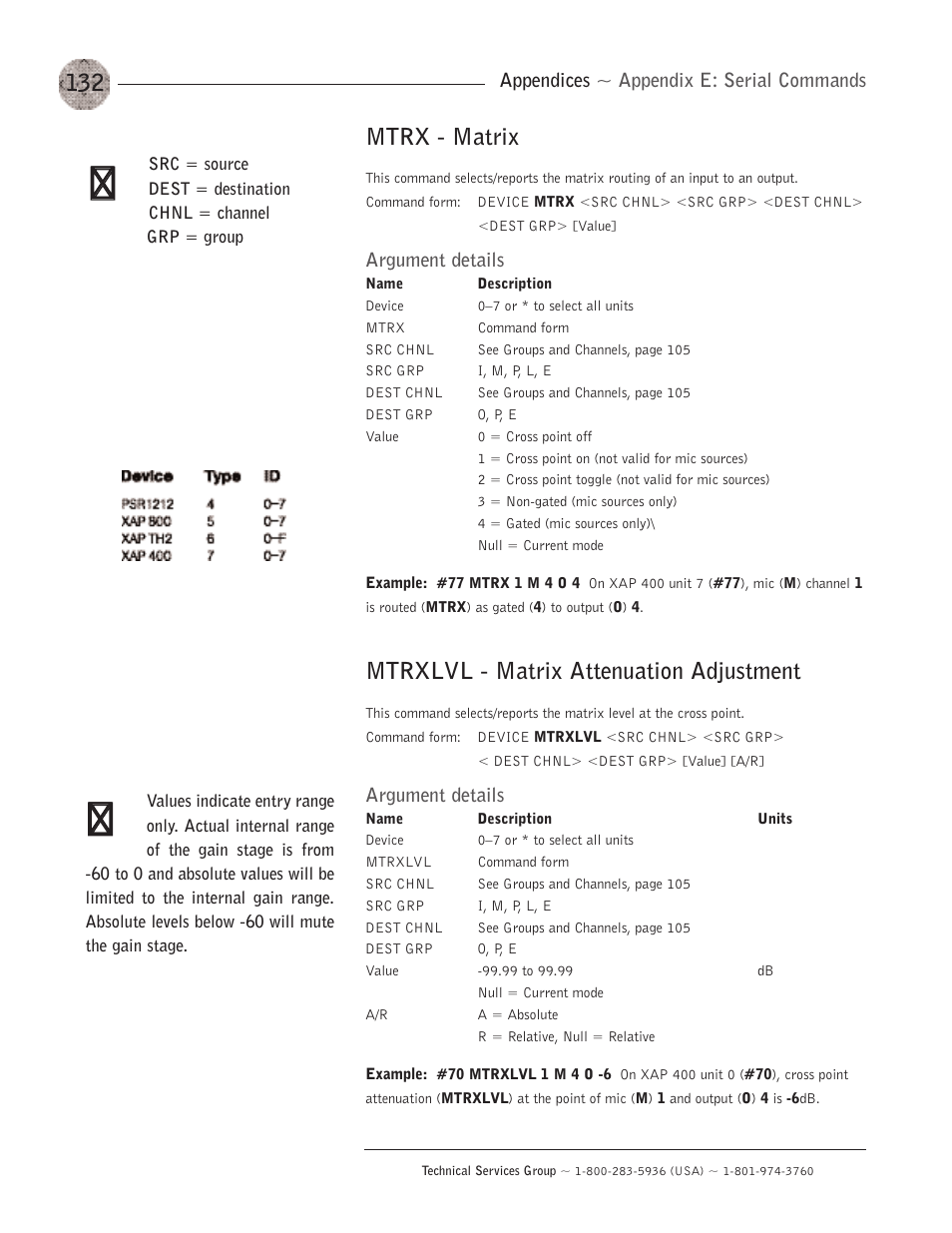 Mtrx - matrix, Mtrxlvl - matrix attenuation adjustment, Appendices ~ appendix e: serial commands | Argument details | ClearOne XAP400 User Manual | Page 138 / 173