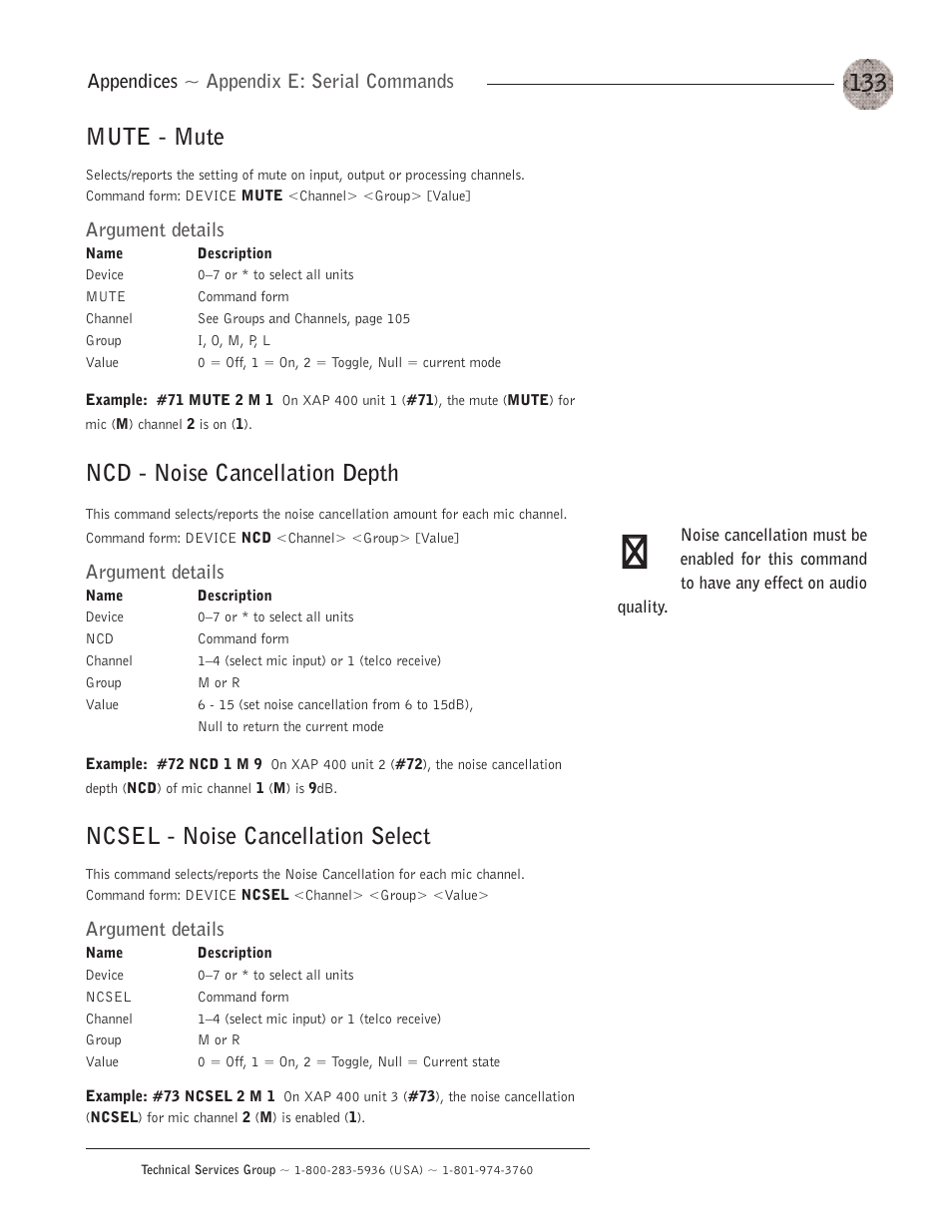 Mute - mute, Ncd - noise cancellation depth, Ncsel - noise cancellation select | Appendices ~ appendix e: serial commands, Argument details | ClearOne XAP400 User Manual | Page 139 / 173