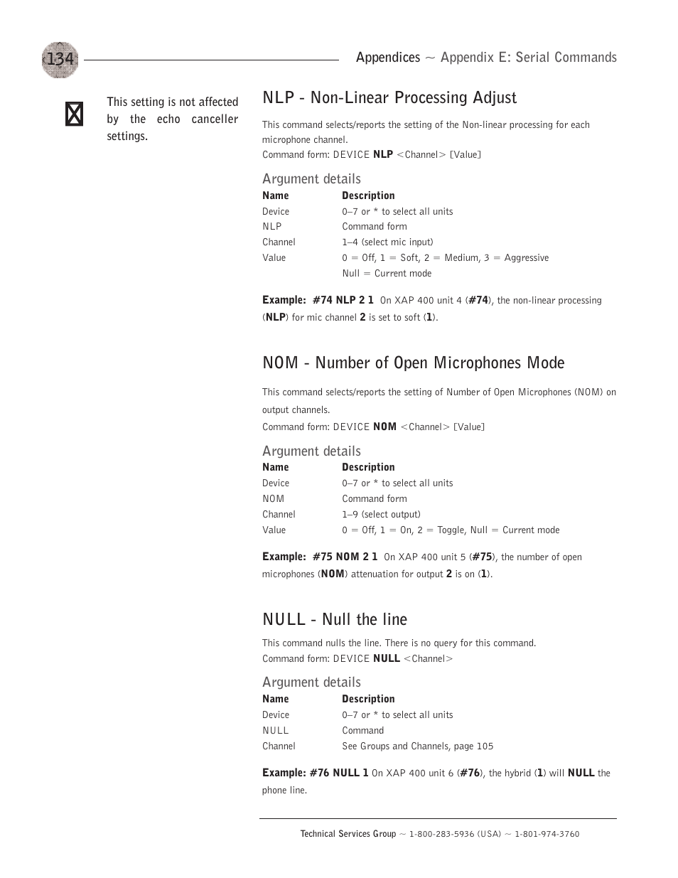 Nlp - non-linear processing adjust, Nom - number of open microphones mode, Null - null the line | Appendices ~ appendix e: serial commands, Argument details | ClearOne XAP400 User Manual | Page 140 / 173