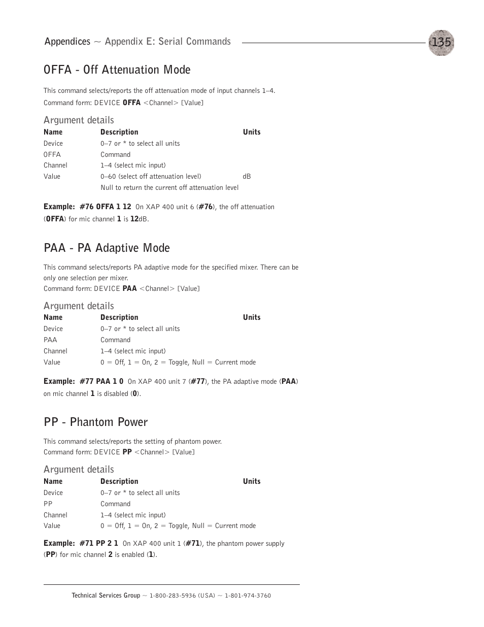 Offa - off attenuation mode, Paa - pa adaptive mode, Pp - phantom power | Appendices ~ appendix e: serial commands, Argument details | ClearOne XAP400 User Manual | Page 141 / 173