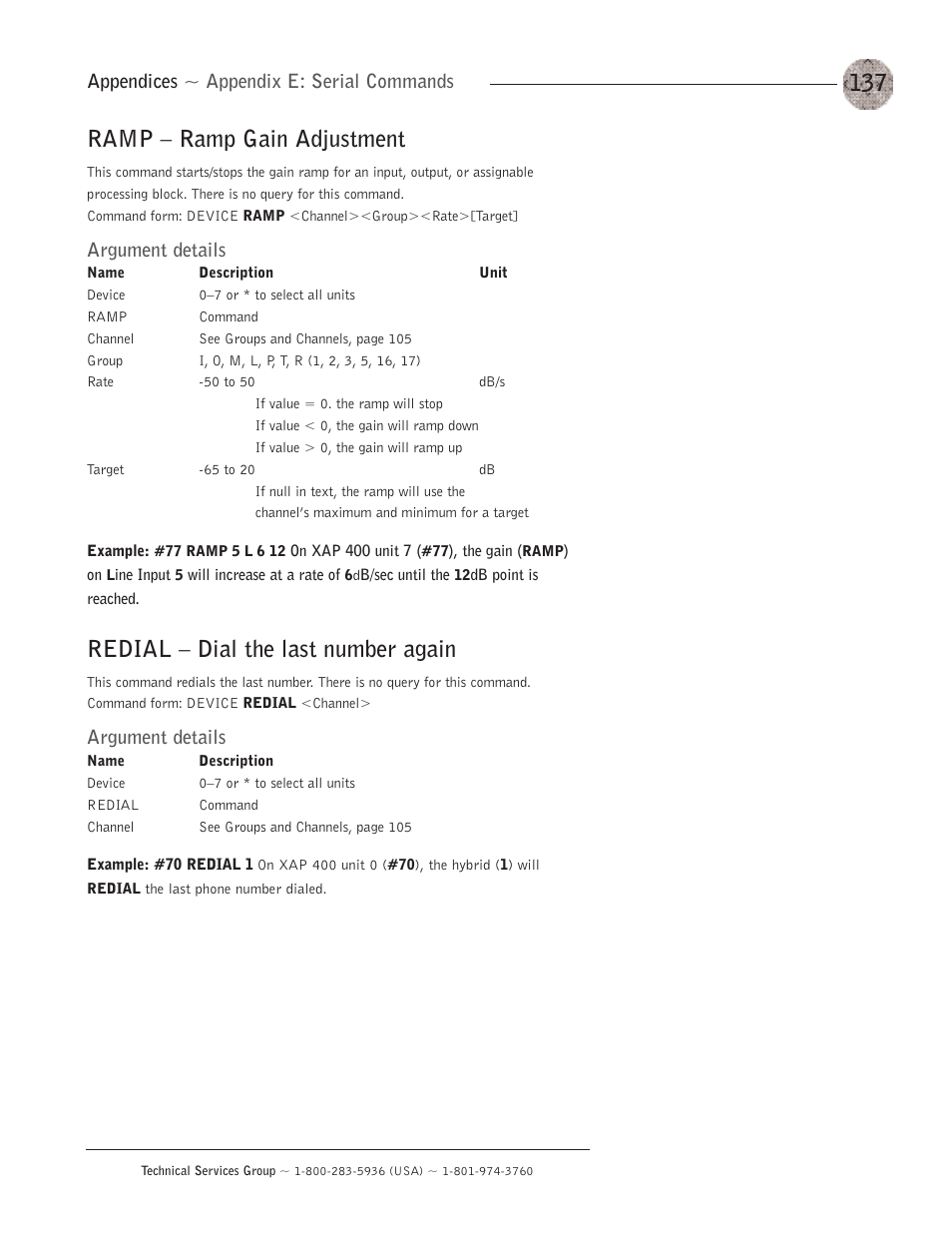Ramp — ramp gain adjustment, Redial — dial the last number again, Appendices ~ appendix e: serial commands | Argument details | ClearOne XAP400 User Manual | Page 143 / 173