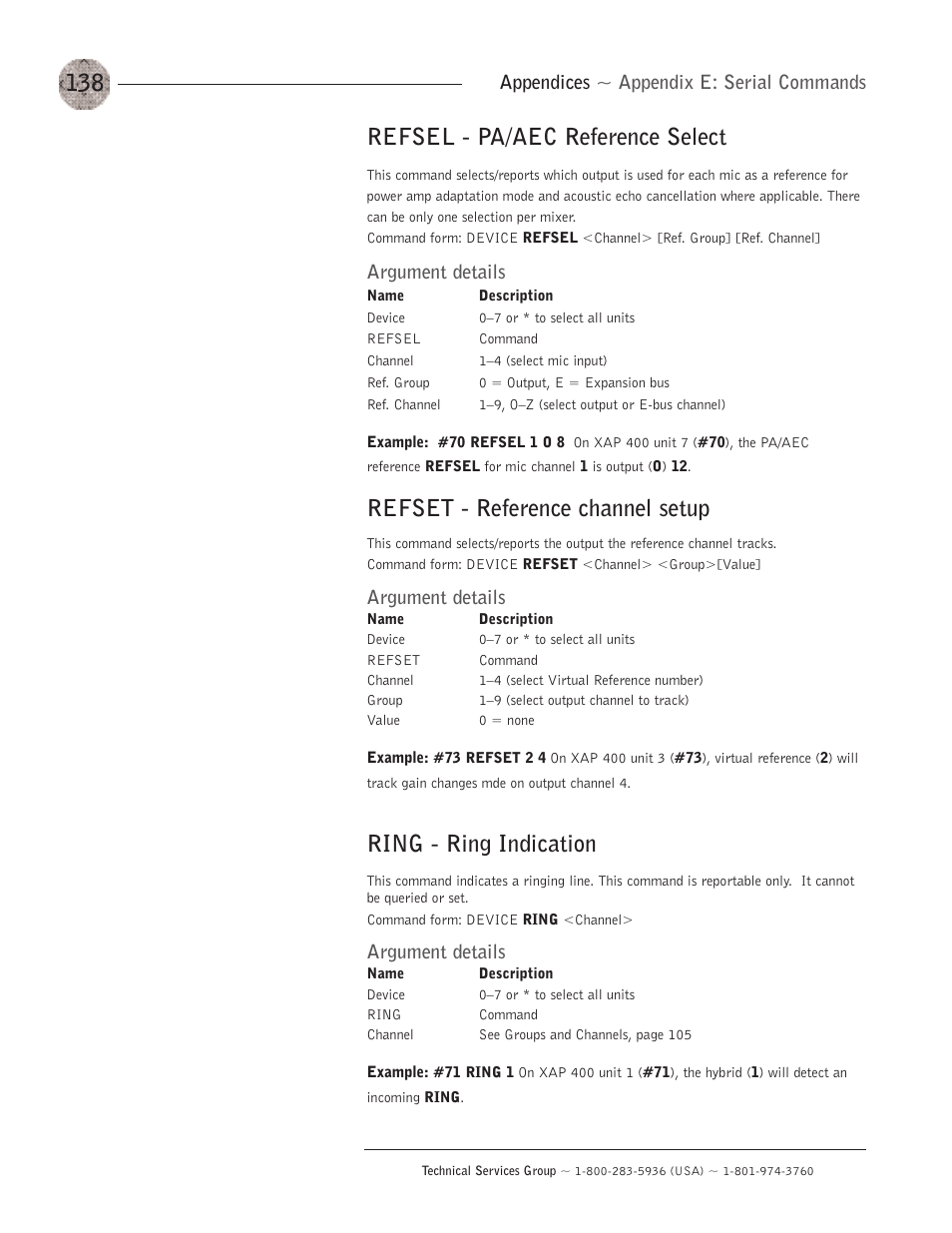 Refsel - pa/aec reference select, Refset - reference channel setup, Ring - ring indication | Appendices ~ appendix e: serial commands, Argument details | ClearOne XAP400 User Manual | Page 144 / 173