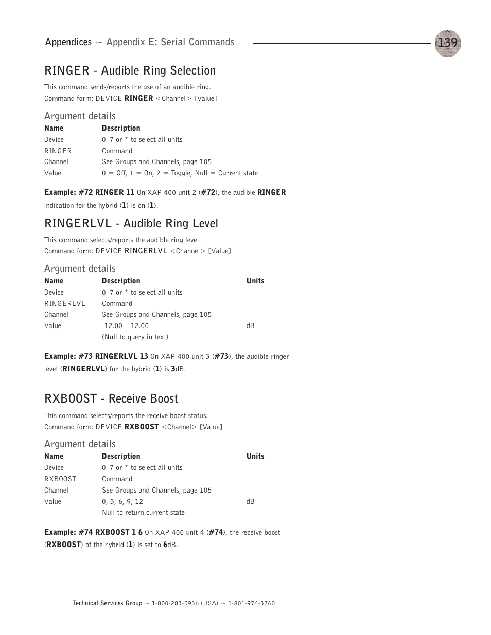 Ringer - audible ring selection, Ringerlvl - audible ring level, Rxboost - receive boost | Appendices ~ appendix e: serial commands, Argument details | ClearOne XAP400 User Manual | Page 145 / 173