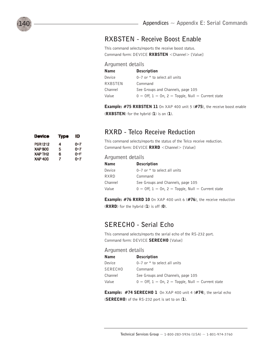 Rxbsten - receive boost enable, Rxrd - telco receive reduction, Serecho - serial echo | Appendices ~ appendix e: serial commands, Argument details | ClearOne XAP400 User Manual | Page 146 / 173