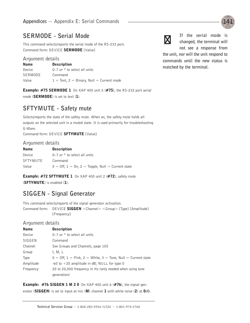 Sermode - serial mode, Sftymute - safety mute, Siggen - signal generator | Appendices ~ appendix e: serial commands, Argument details | ClearOne XAP400 User Manual | Page 147 / 173