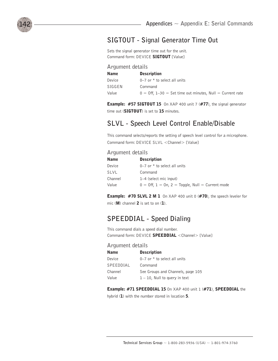 Sigtout - signal generator time out, Slvl - speech level control enable/disable, Speeddial - speed dialing | Appendices ~ appendix e: serial commands, Argument details | ClearOne XAP400 User Manual | Page 148 / 173