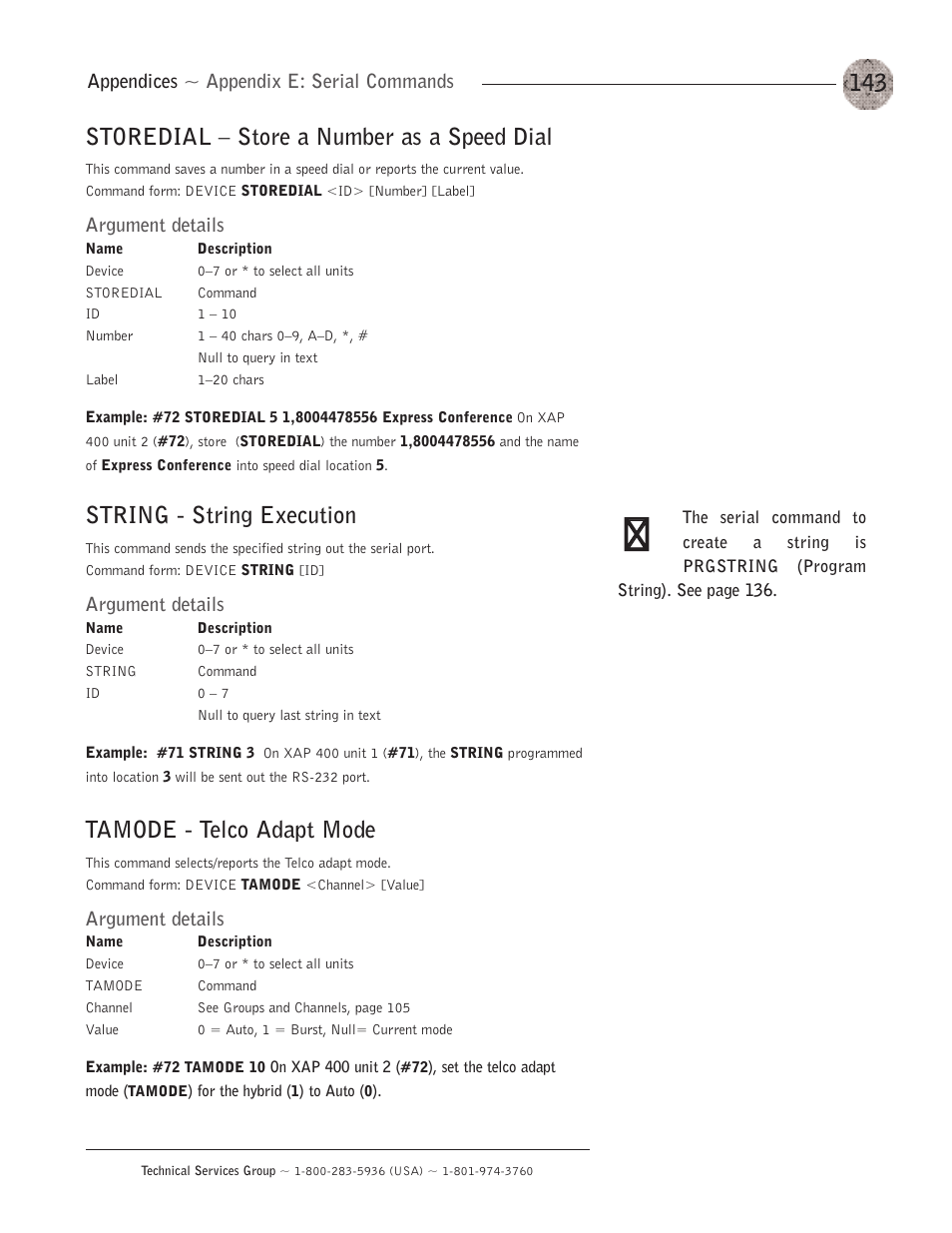 Appendix f: warrant, Appendix f: warranty, Storedial — store a number as a speed dial | String - string execution, Tamode - telco adapt mode, Appendices ~ appendix e: serial commands, Argument details | ClearOne XAP400 User Manual | Page 149 / 173