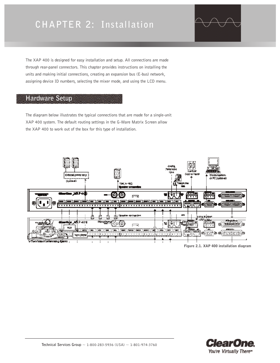 Chapter 2: installation, Hardware setup | ClearOne XAP400 User Manual | Page 15 / 173