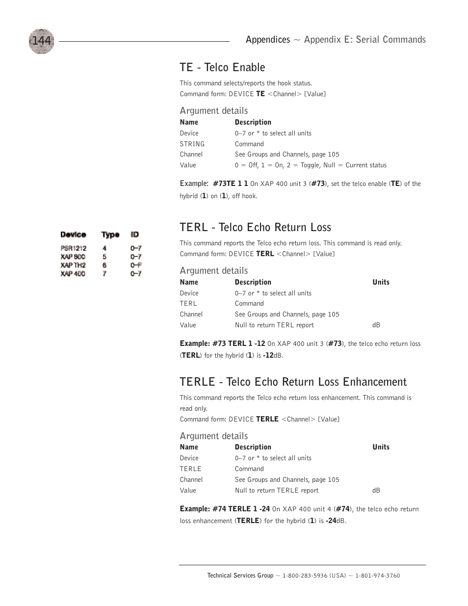 Te - telco enable, Terl - telco echo return loss, Terle - telco echo return loss enhancement | Appendices ~ appendix e: serial commands, Argument details | ClearOne XAP400 User Manual | Page 150 / 173