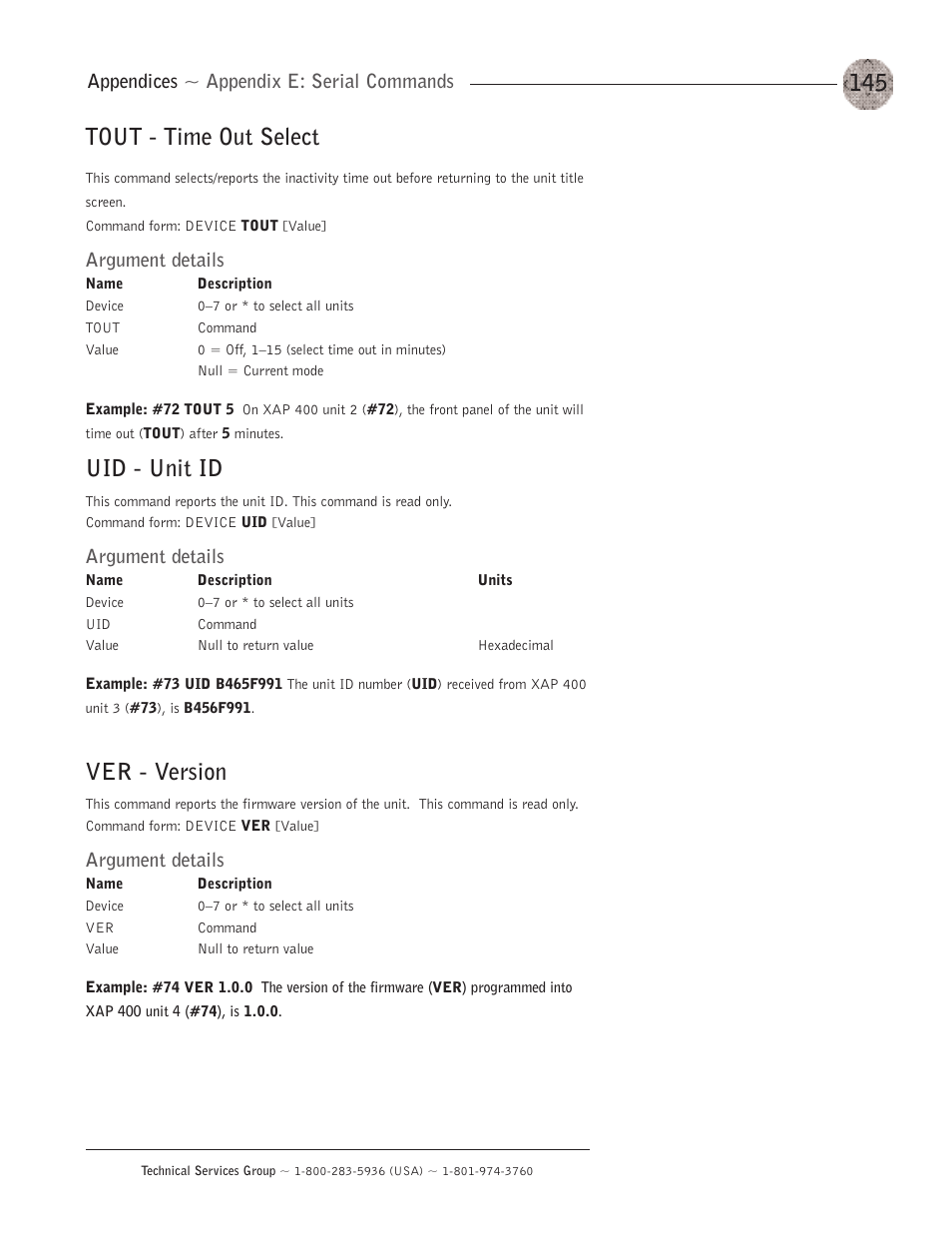 Appendix g: complianc, Appendix g: compliance, Tout - time out select | Uid - unit id, Ver - version, Appendices ~ appendix e: serial commands, Argument details | ClearOne XAP400 User Manual | Page 151 / 173