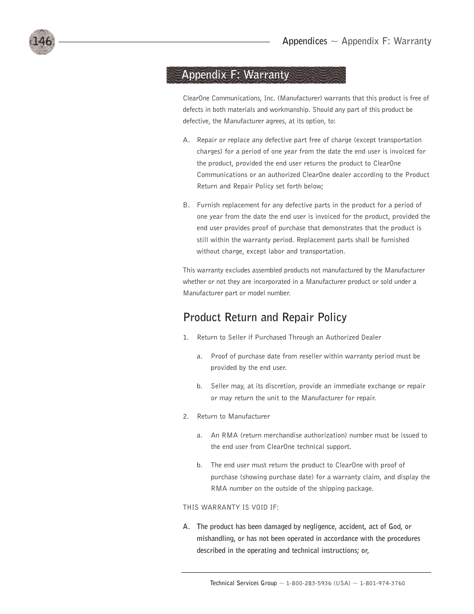 Product return and repair policy, Appendix f: warranty, Appendices ~ appendix f: warranty | ClearOne XAP400 User Manual | Page 152 / 173