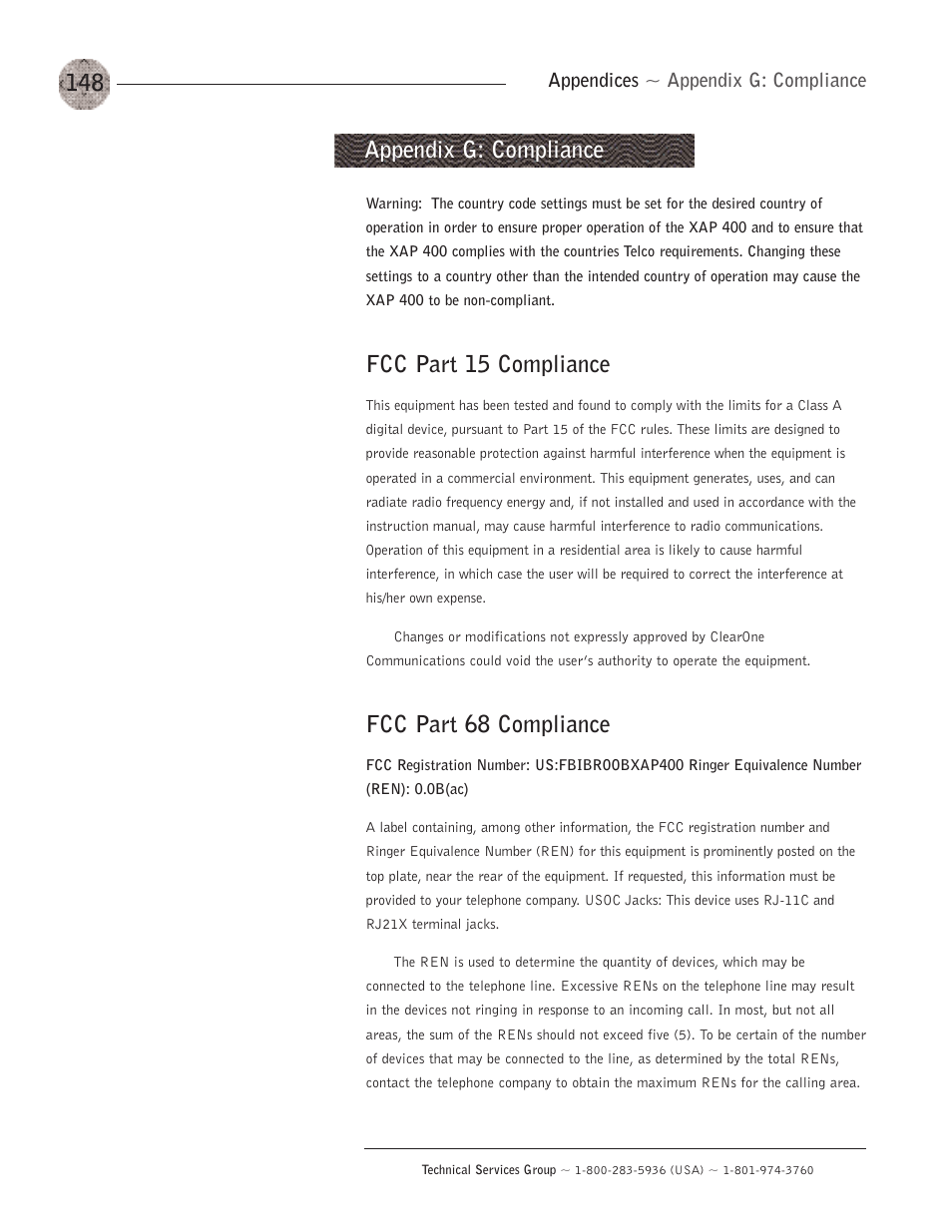 Fcc part 15 compliance, Fcc part 68 compliance, Appendix g: compliance | ClearOne XAP400 User Manual | Page 154 / 173