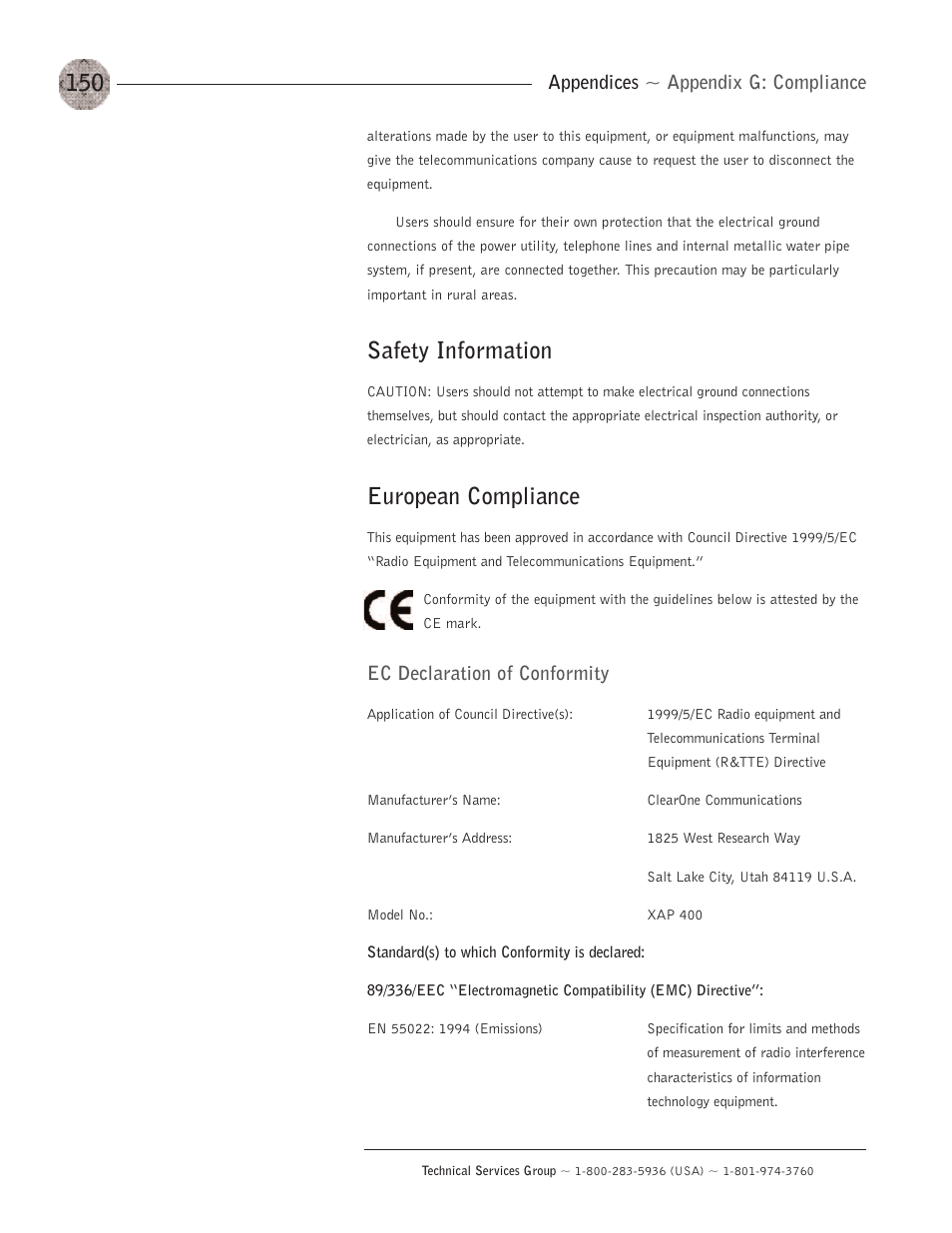 Safety information, European compliance | ClearOne XAP400 User Manual | Page 156 / 173