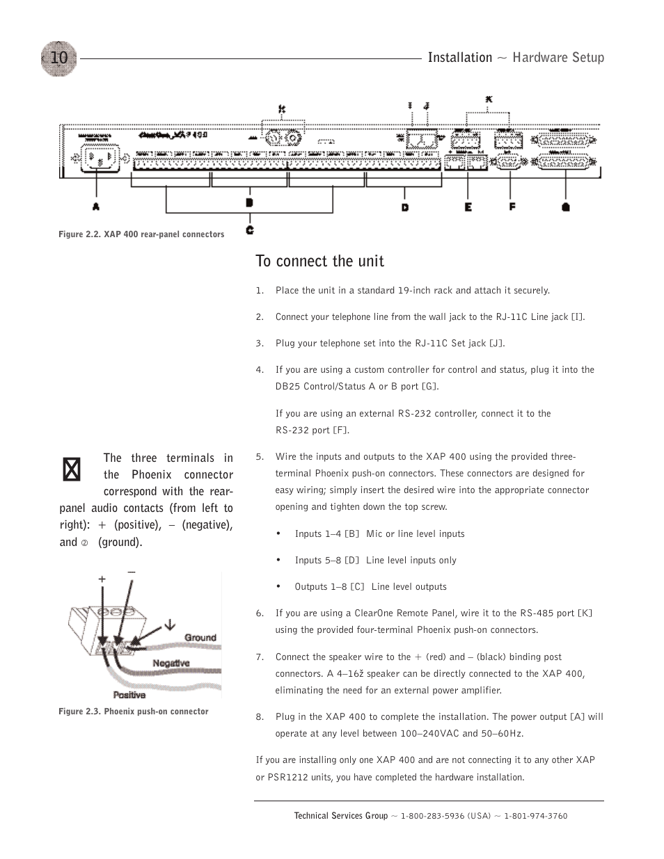 To connect the unit, Installation ~ hardware setup | ClearOne XAP400 User Manual | Page 16 / 173