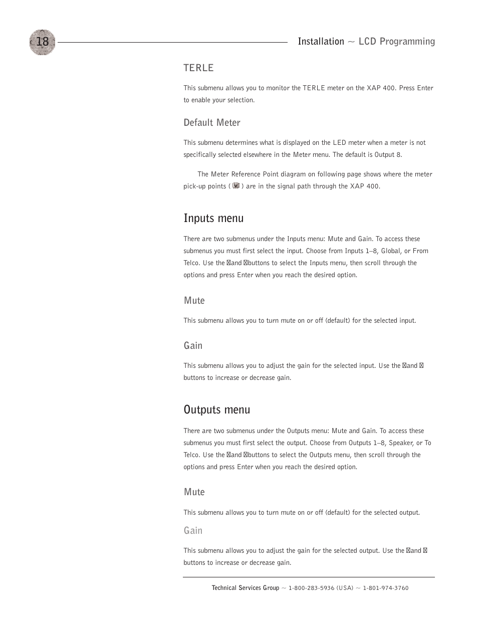 Inputs menu, Outputs menu, Inputs menu outputs menu | ClearOne XAP400 User Manual | Page 24 / 173