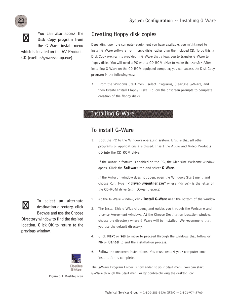 Creating floppy disk copies, Installing g-ware | ClearOne XAP400 User Manual | Page 28 / 173