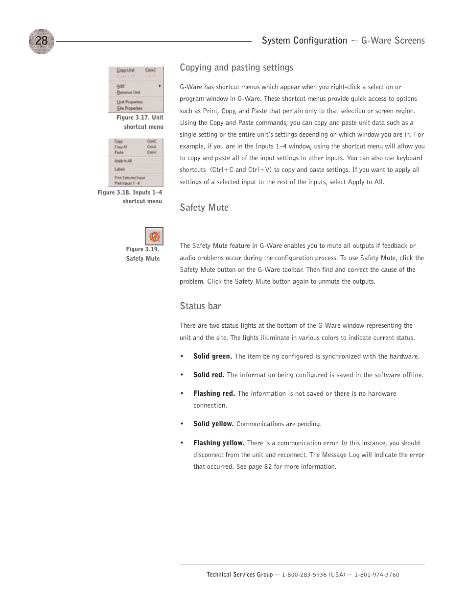 System configuration ~ g-ware screens, Copying and pasting settings, Safety mute | Status bar | ClearOne XAP400 User Manual | Page 34 / 173