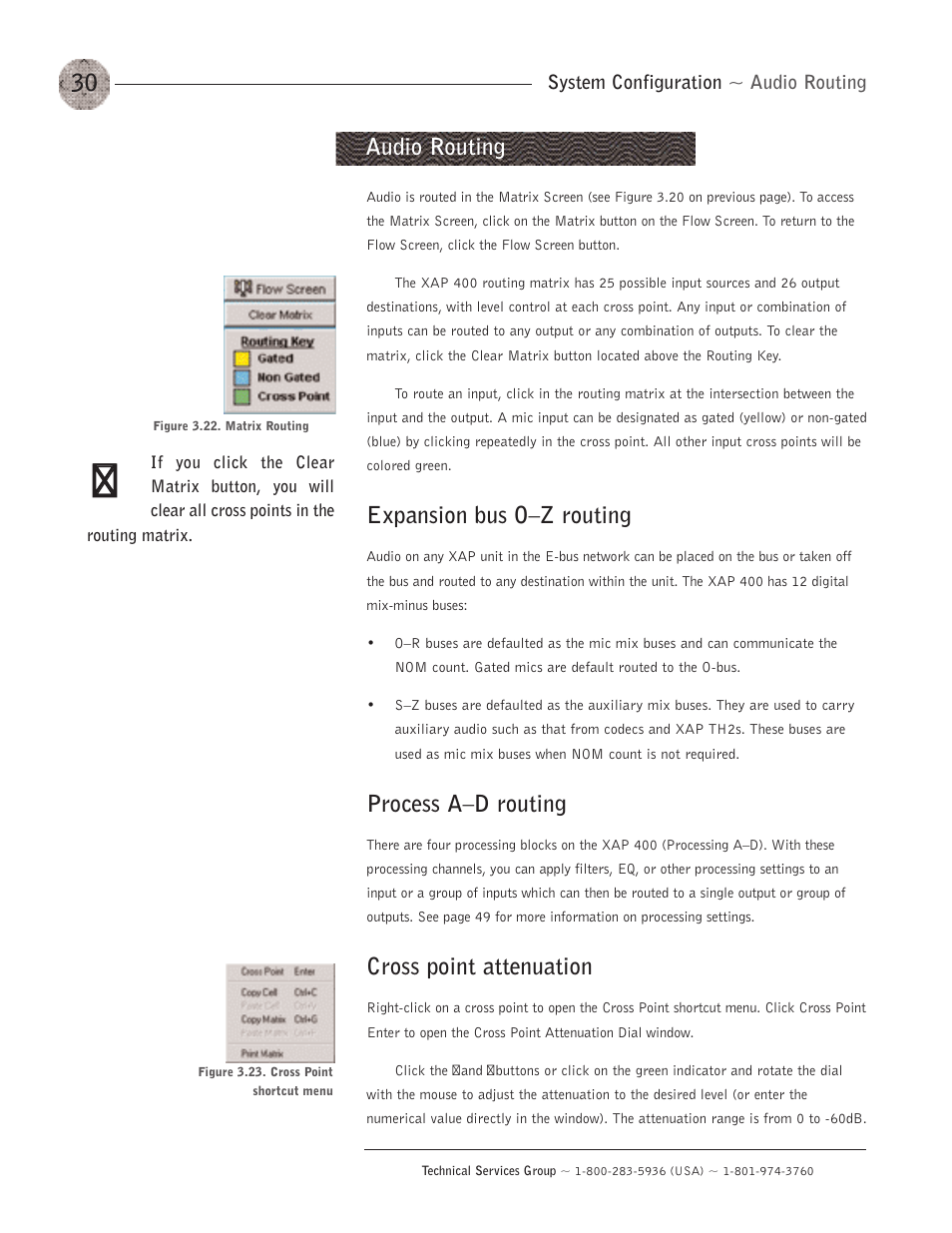 Audio routing, Expansion bus o–z routing, Process a–d routing | Cross point attenuation, Expansion bus o—z routing, Process a—d routing | ClearOne XAP400 User Manual | Page 36 / 173