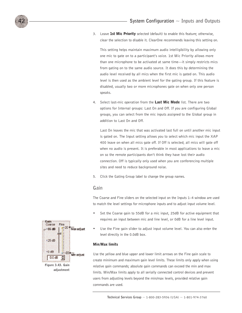 System configuration ~ inputs and outputs, Gain | ClearOne XAP400 User Manual | Page 48 / 173