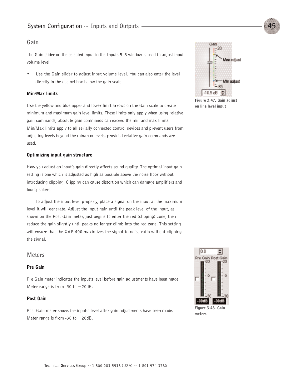 System configuration ~ inputs and outputs, Gain, Meters | ClearOne XAP400 User Manual | Page 51 / 173