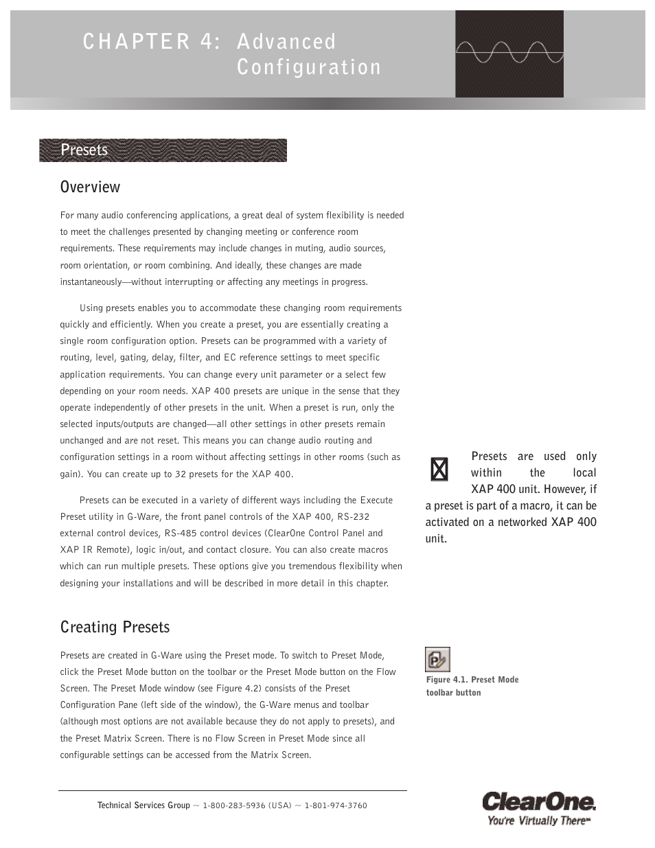 Chapter 4: advanc, Configuration, Presets | Overview, Creating presets, Chapter 4: advanced configuration, Overview creating presets, Presets overview | ClearOne XAP400 User Manual | Page 65 / 173