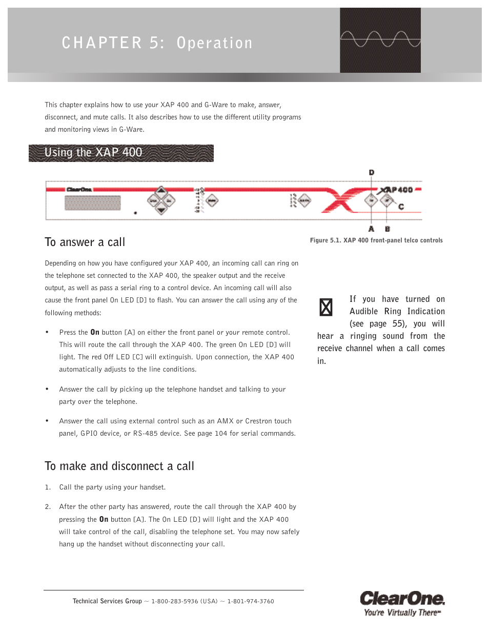 Chapter 5: operation, Using the xap 400, To answer a call | To make and disconnect a call, To answer a call to make and disconnect a call | ClearOne XAP400 User Manual | Page 77 / 173