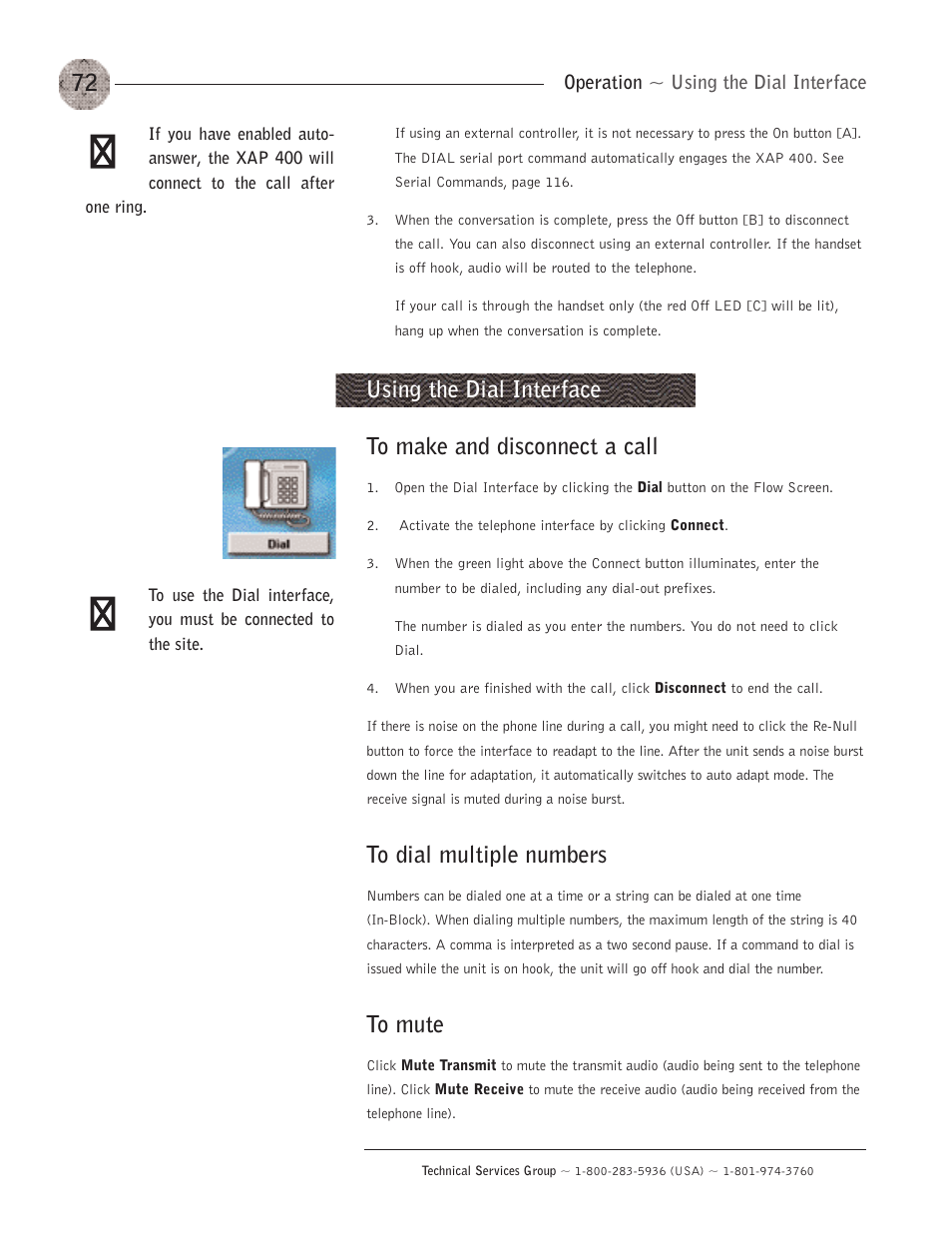 Using the dial interface, To make and disconnect a call, To dial multiple numbers | To mute | ClearOne XAP400 User Manual | Page 78 / 173